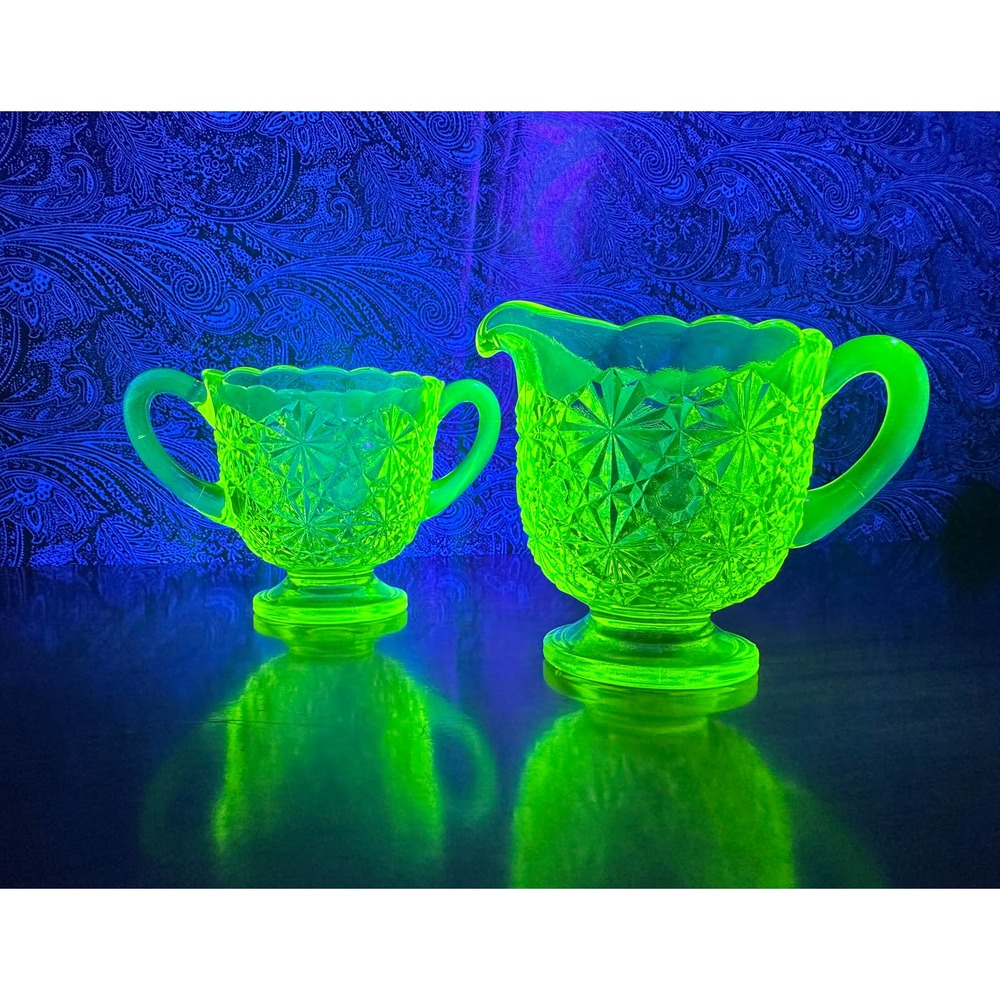 Vintage Vaseline daisy and buttons open sugar and creamer set by Degenhart glass